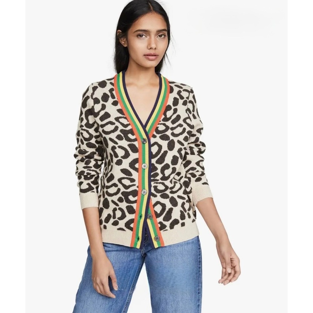 KULE The Cat Leopard Cardigan Sweater Rainbow Stripe V-Neck Tan Black Medium